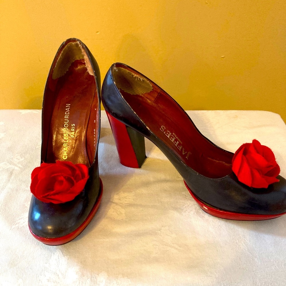 Black Pumps with Red Rose Accent